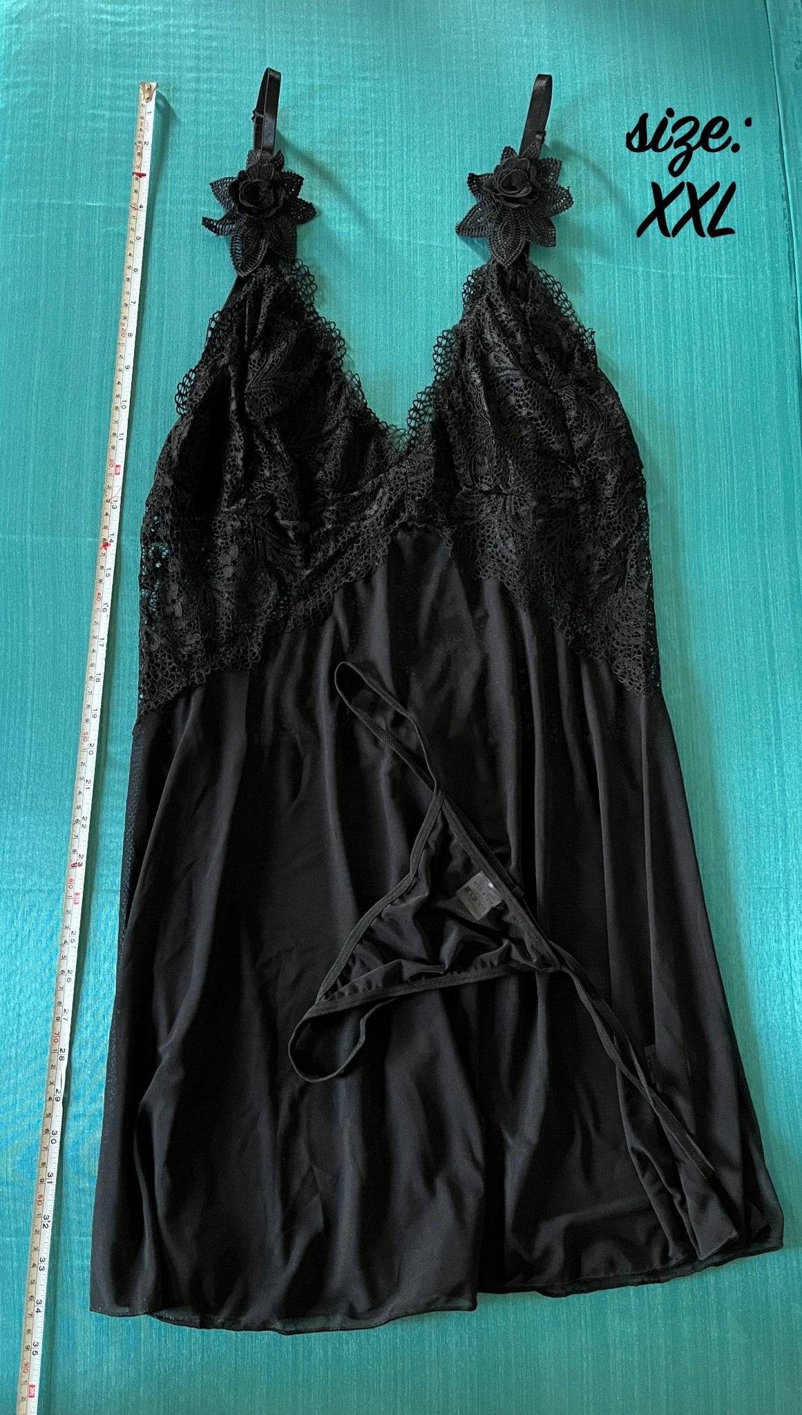 Kelsey - black chemise sheer rose detail babydoll dress - Sofia's Lingerie Boutique