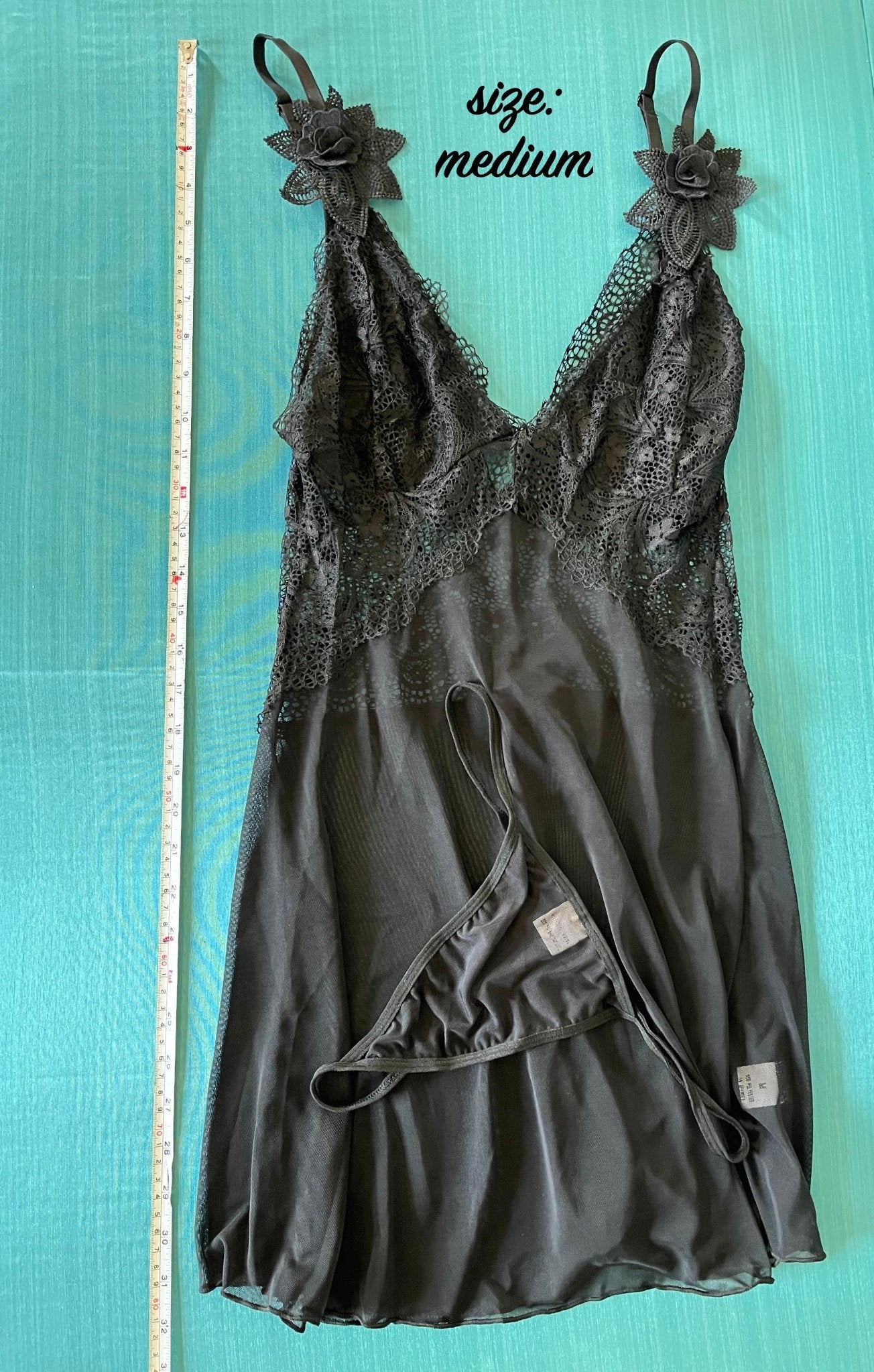 Kelsey - black chemise sheer rose detail babydoll dress - Sofia's Lingerie Boutique