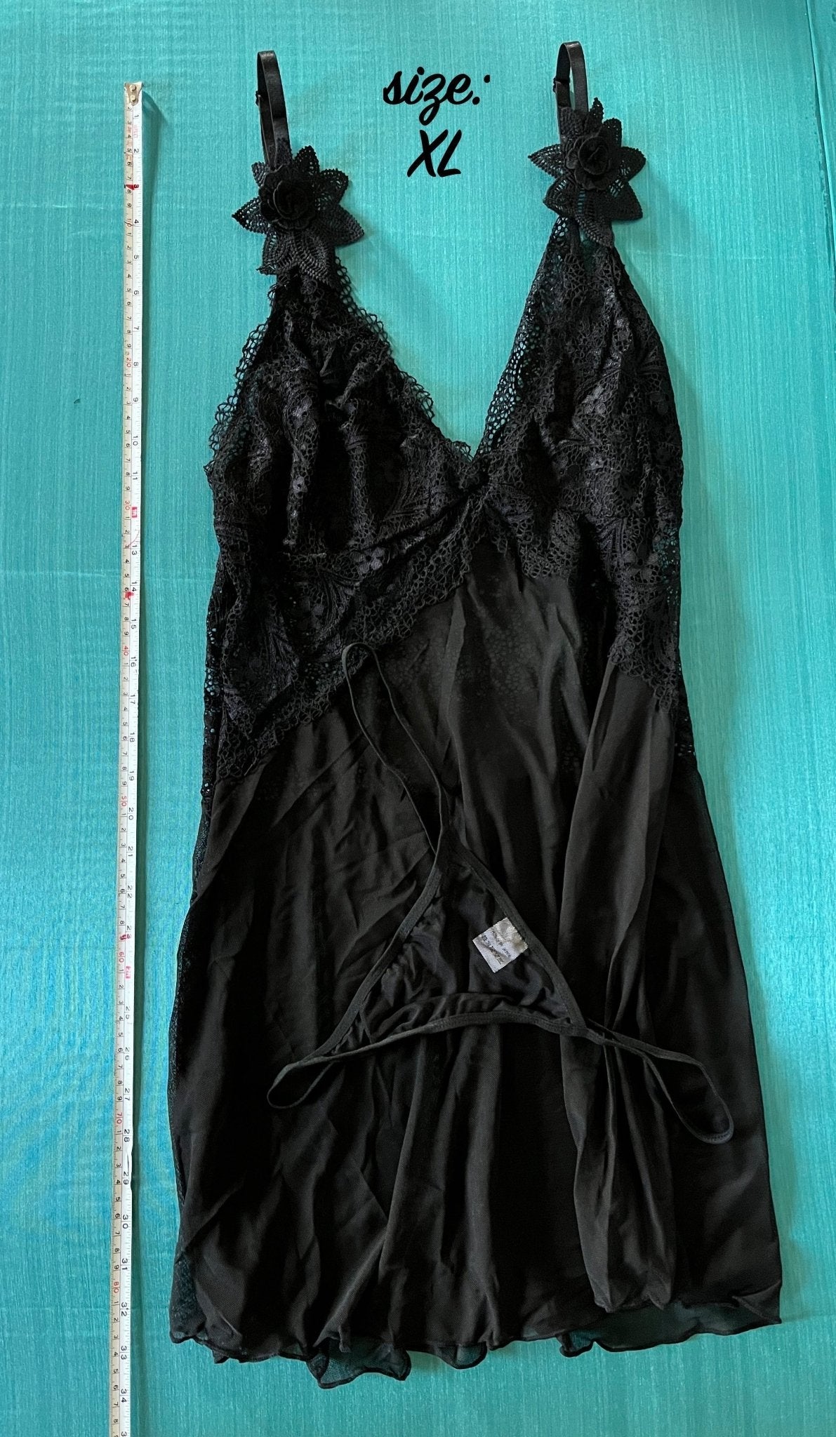 Kelsey - black chemise sheer rose detail babydoll dress - Sofia's Lingerie Boutique