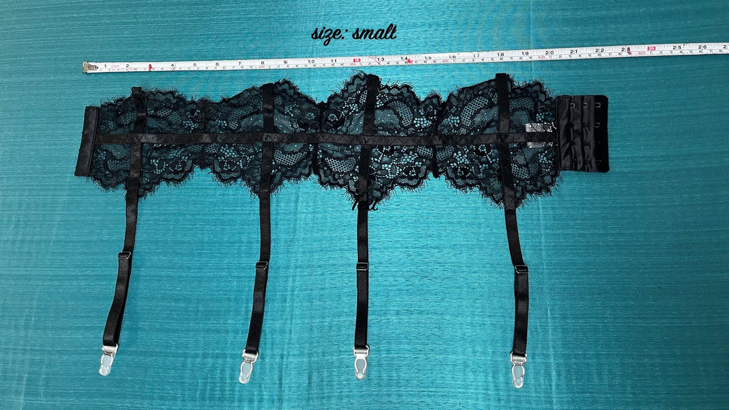 Marley - black lace lingerie bra, thong & garter set - Sofia's Lingerie Boutique