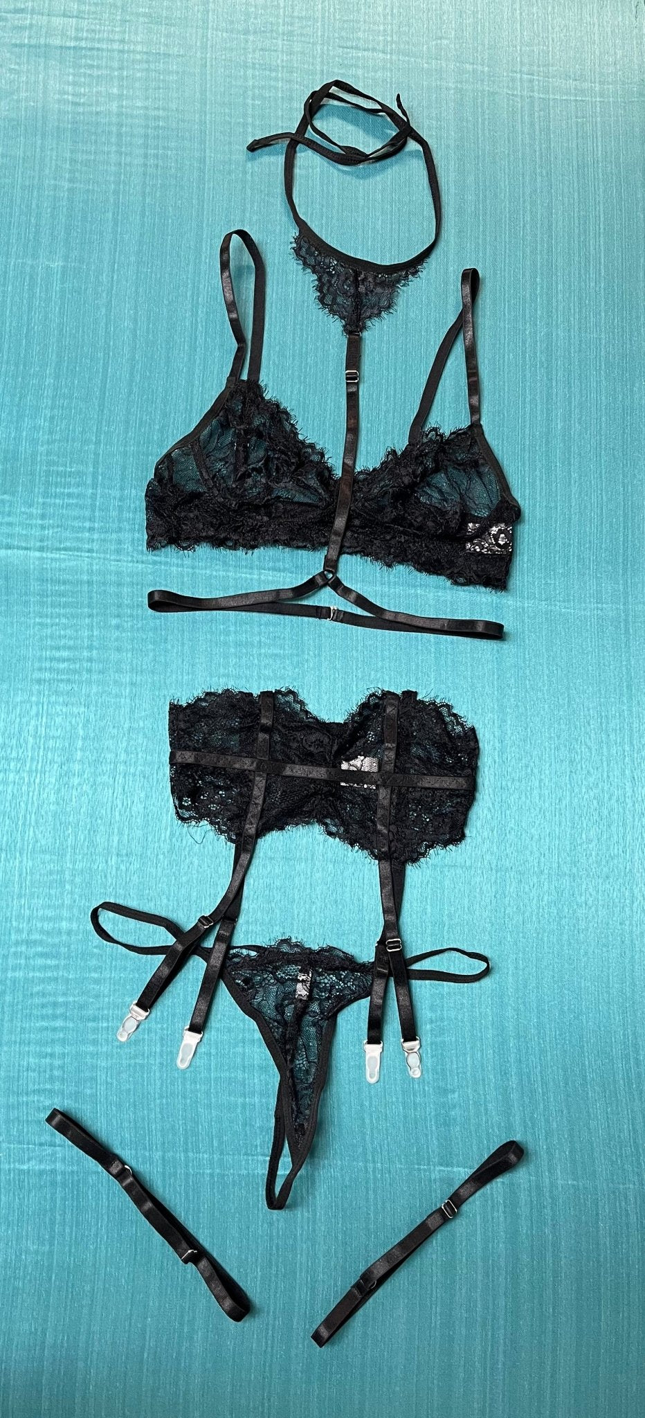 Marley - black lace lingerie bra, thong & garter set - Sofia's Lingerie Boutique