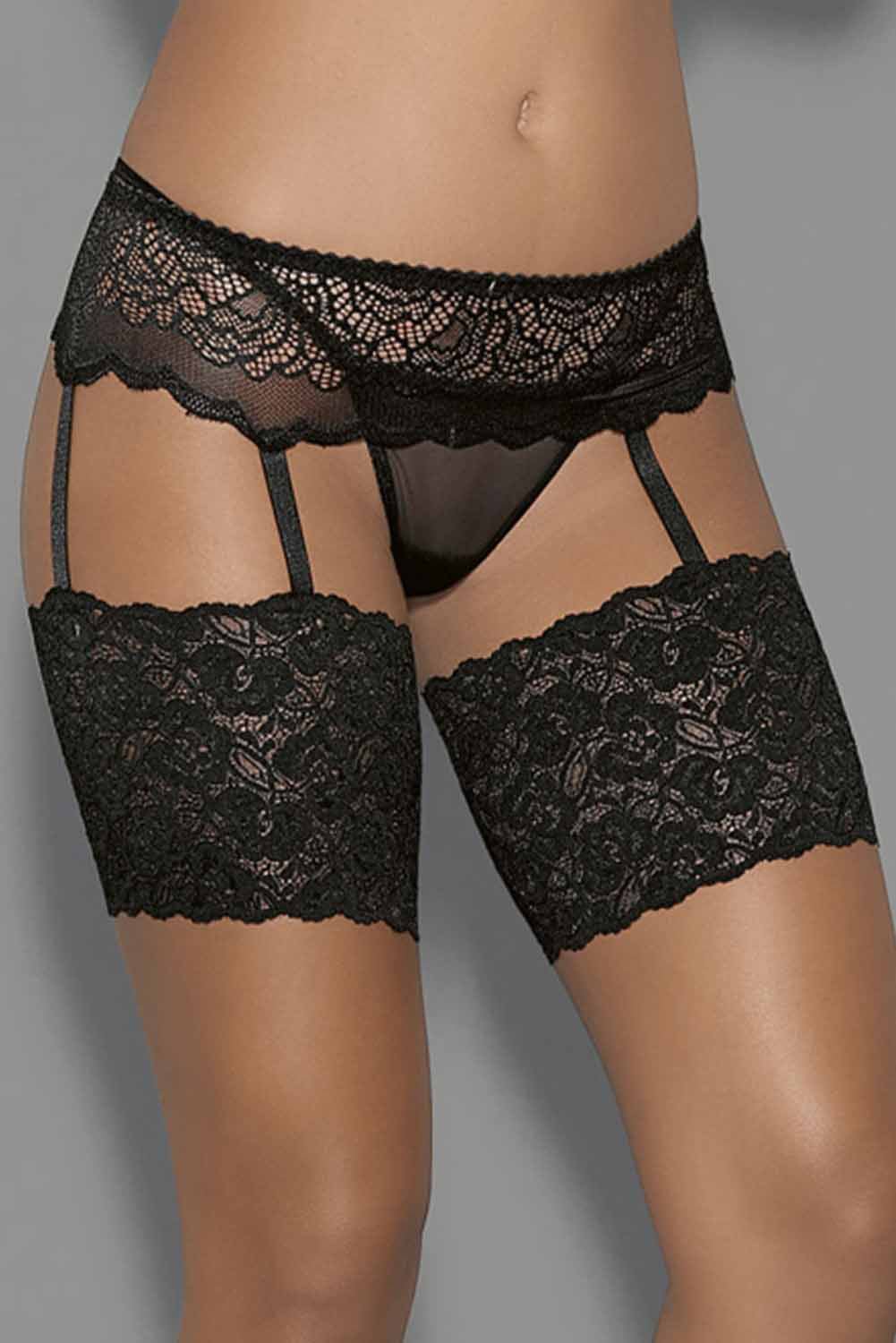 Natalie - Black Lace Garter Thigh High Band with Sheer Thong - Sofia's Lingerie Boutique