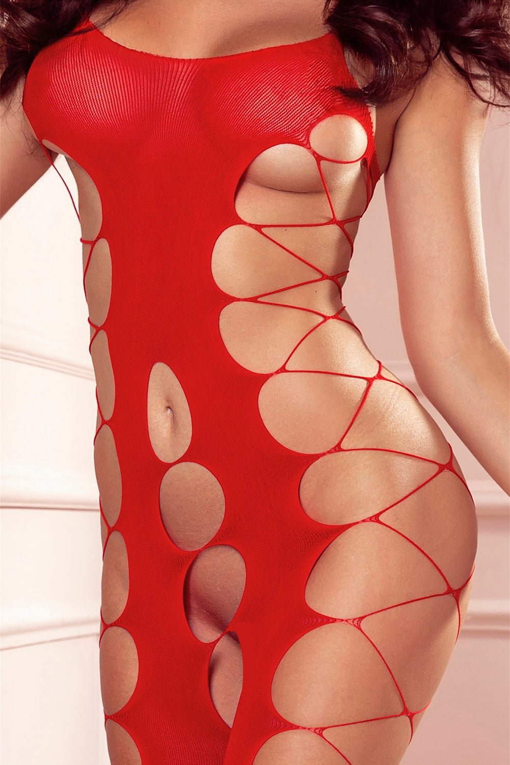 Olivia - sexy red/black crotchless bodystocking corset detail - Sofia's Lingerie Boutique